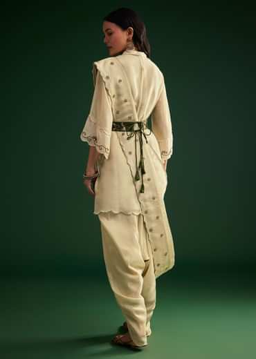 Cream White Tissue Kurta Dhoti With Dupatta And Belt
