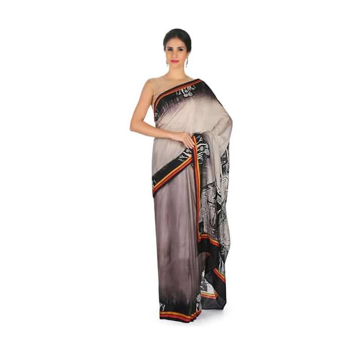 Cream, Grey And Black Shaded Saree With Printed Pallu And Border Online - Kalki Fashion