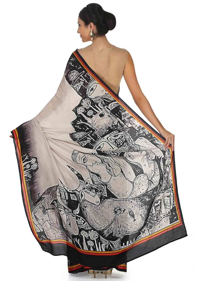 Cream, Grey And Black Shaded Saree With Printed Pallu And Border Online - Kalki Fashion