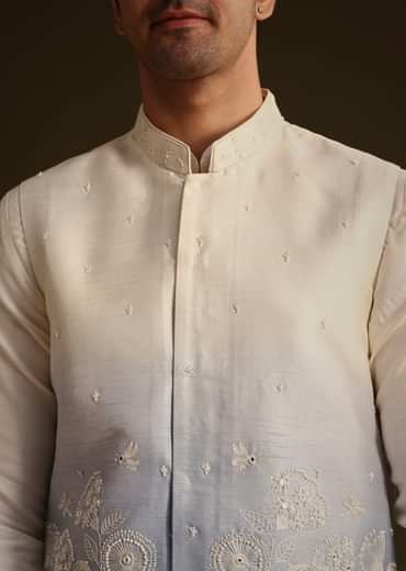 Cream And Blue Ombre Embroidered Silk Jacket Set