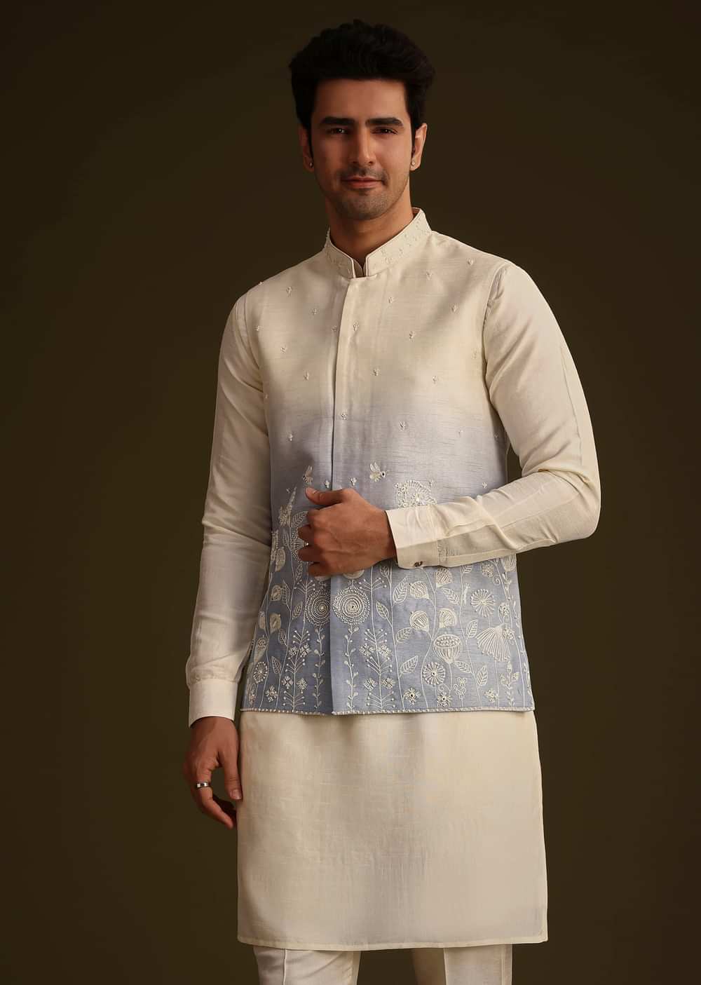 Cream And Blue Ombre Embroidered Silk Jacket Set
