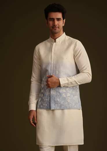 Cream And Blue Ombre Embroidered Silk Jacket Set