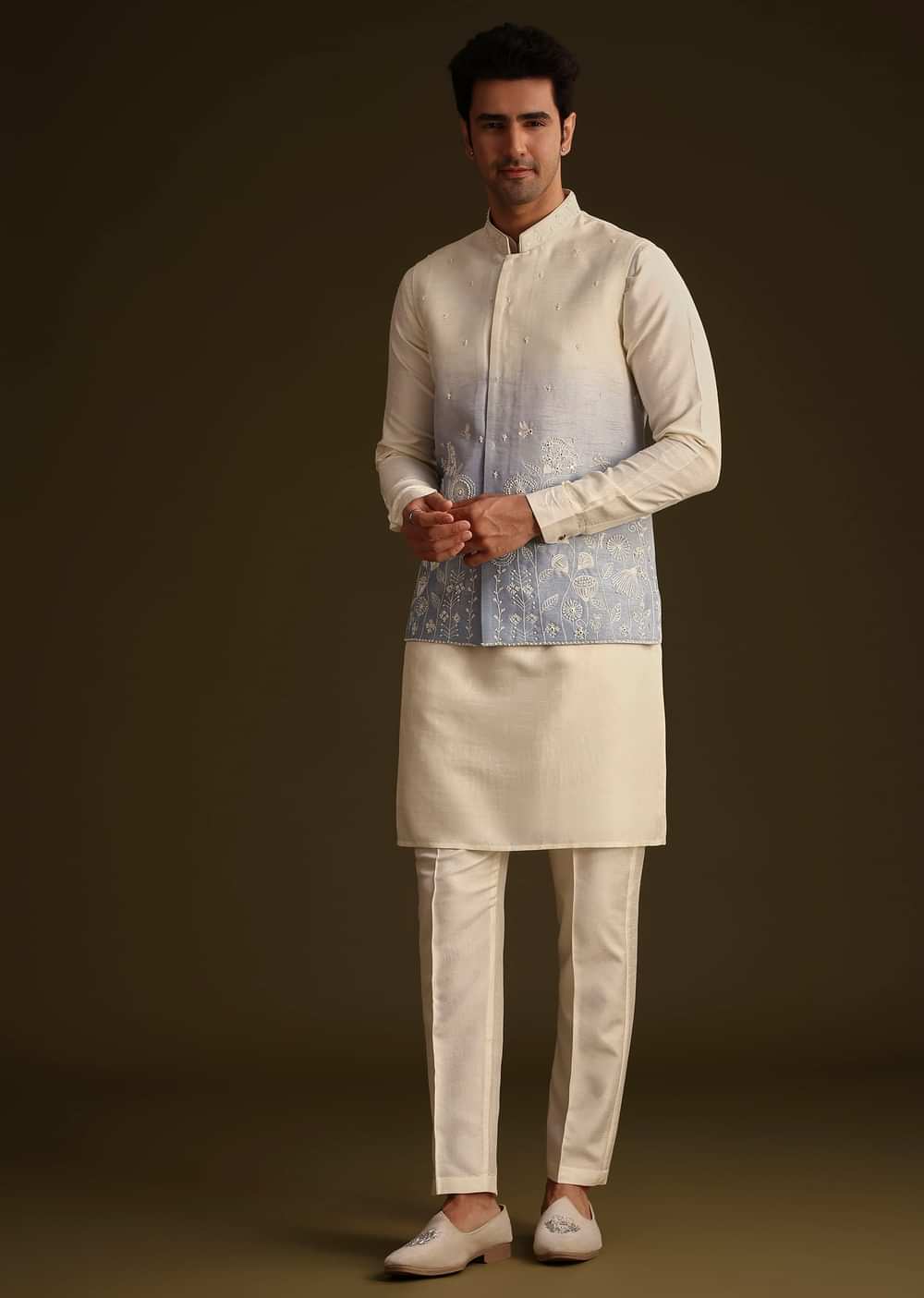 Cream And Blue Ombre Embroidered Silk Jacket Set