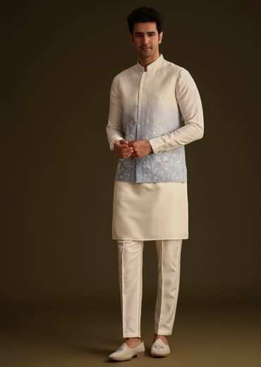 Cream And Blue Ombre Embroidered Silk Jacket Set