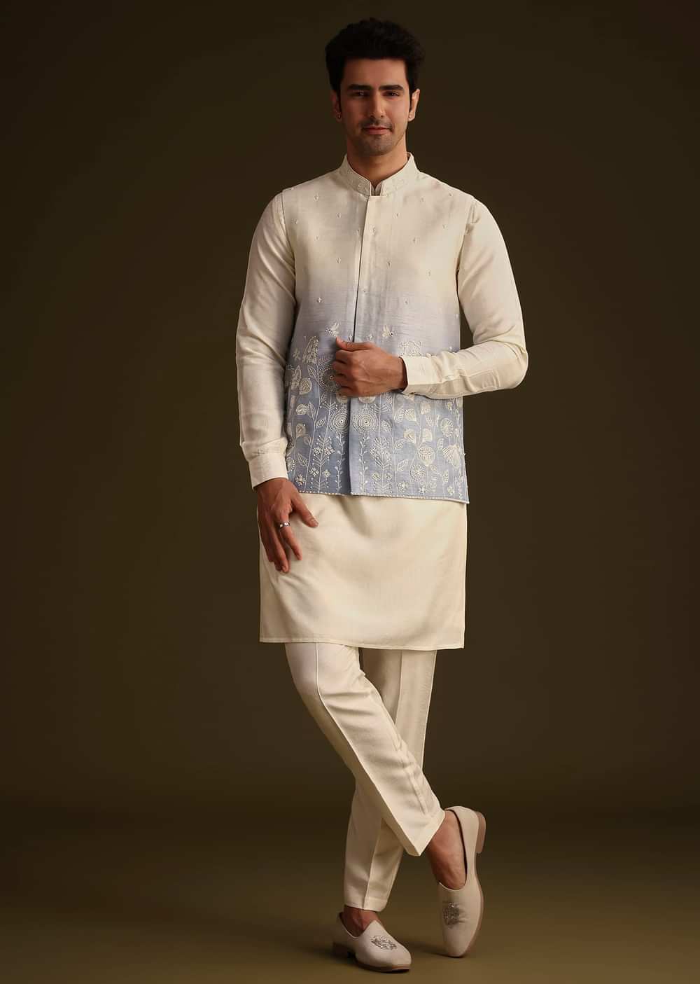 Cream And Blue Ombre Embroidered Silk Jacket Set