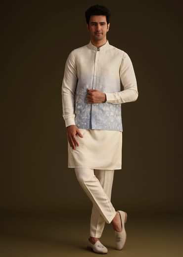 Cream And Blue Ombre Embroidered Silk Jacket Set