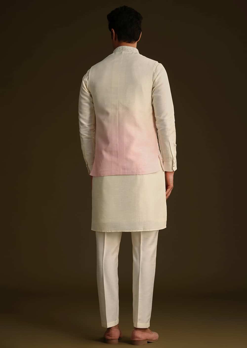 Cream And Pink Ombre Embroidered Silk Jacket Set