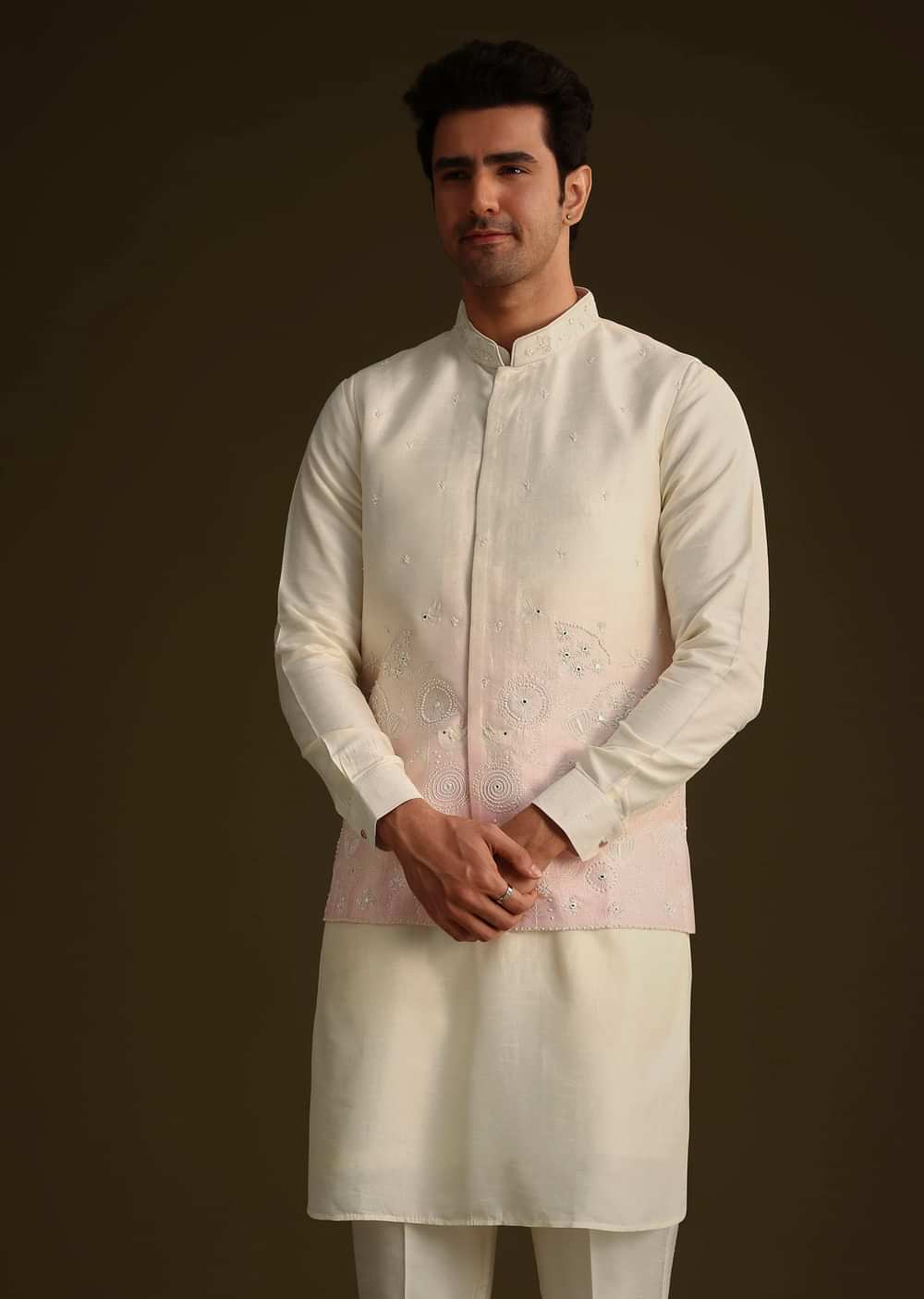 Cream And Pink Ombre Embroidered Silk Jacket Set