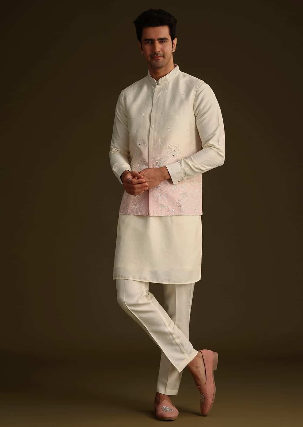 Cream And Pink Ombre Embroidered Silk Jacket Set