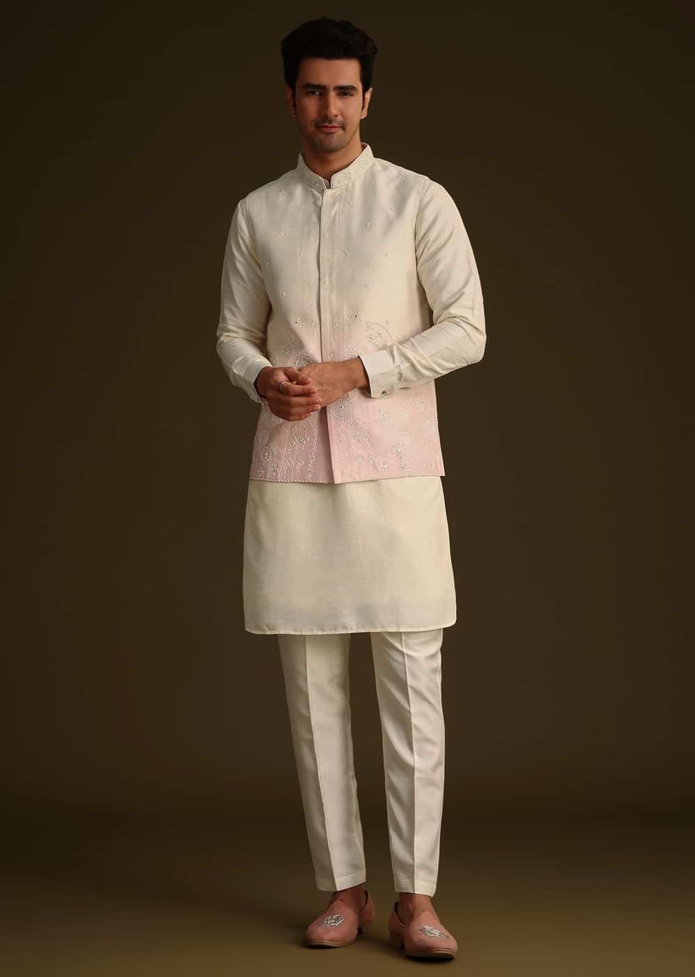 Cream And Pink Ombre Embroidered Silk Jacket Set