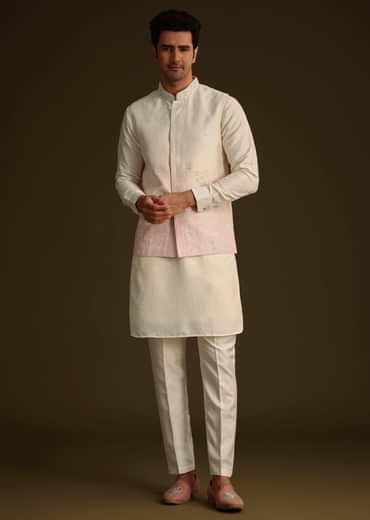 Cream And Pink Ombre Embroidered Silk Jacket Set