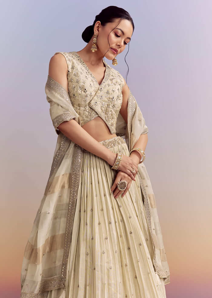 Cream Chinon Bridesmaid Lehenga With Tissue Dupatta
