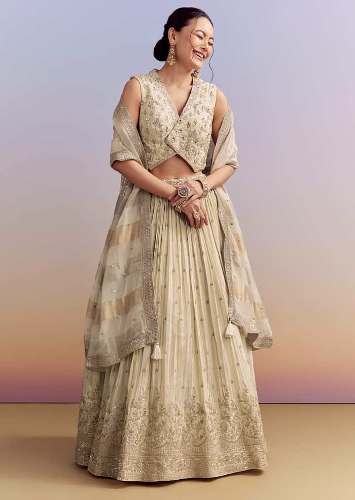 Cream Chinon Bridesmaid Lehenga With Tissue Dupatta