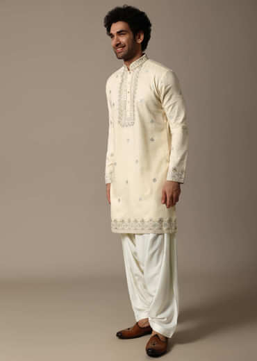 Cream Embroidered Linen Kurta Salwar For Men