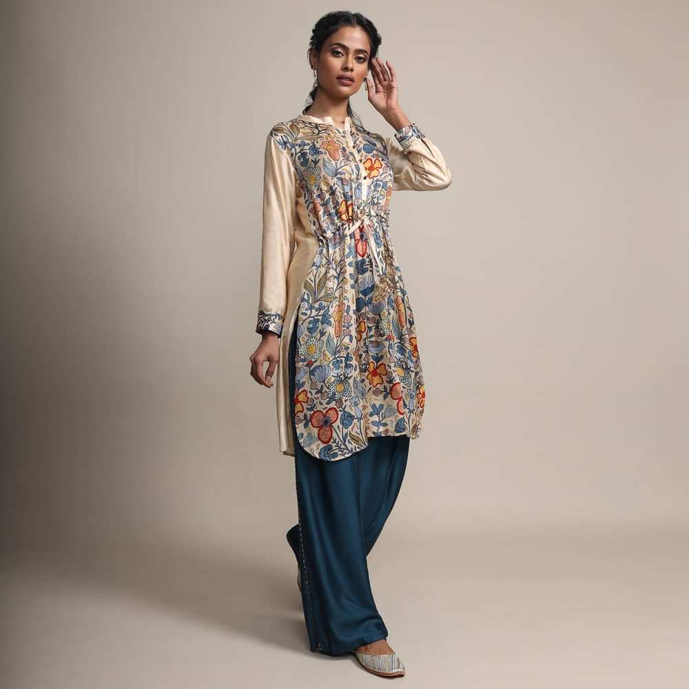 Cream Floral Printed Suit With Contrasting Peacock Blue Palazzo Pants