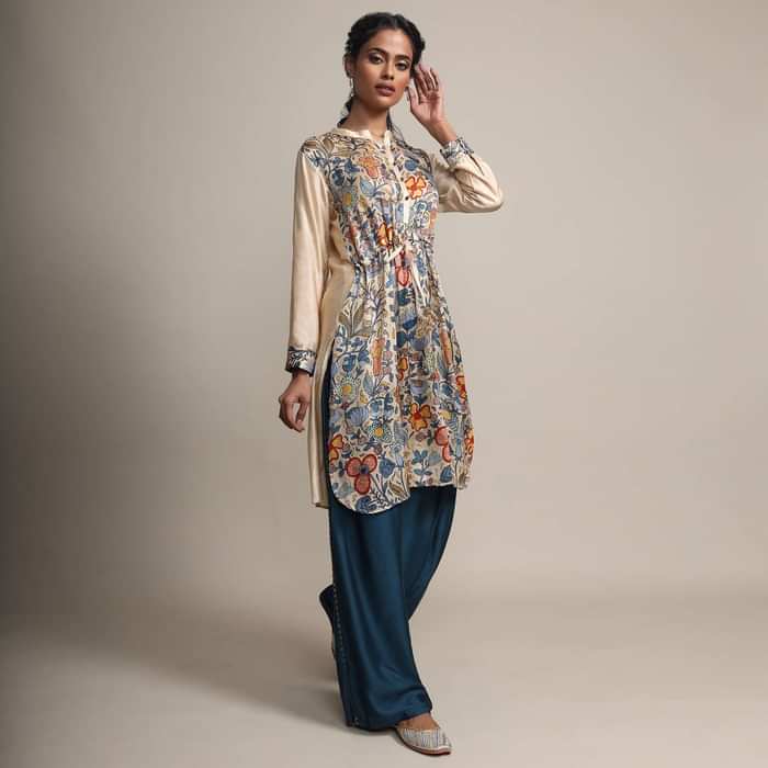 Cream Floral Printed Suit With Contrasting Peacock Blue Palazzo Pants