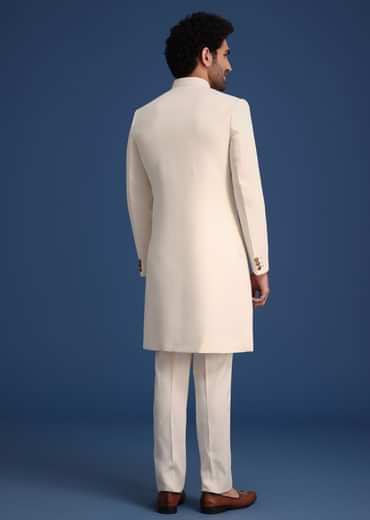 Cream Indowestern Suit With Zari And Metal Work Broach