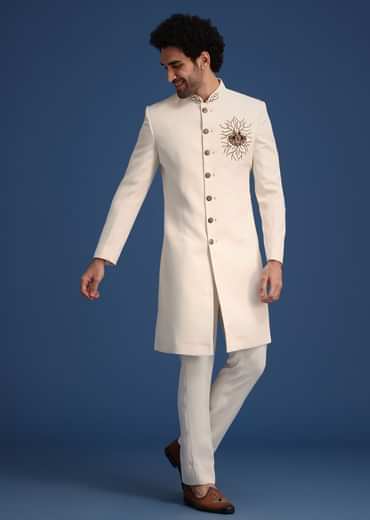 Cream Indowestern Suit With Zari And Metal Work Broach