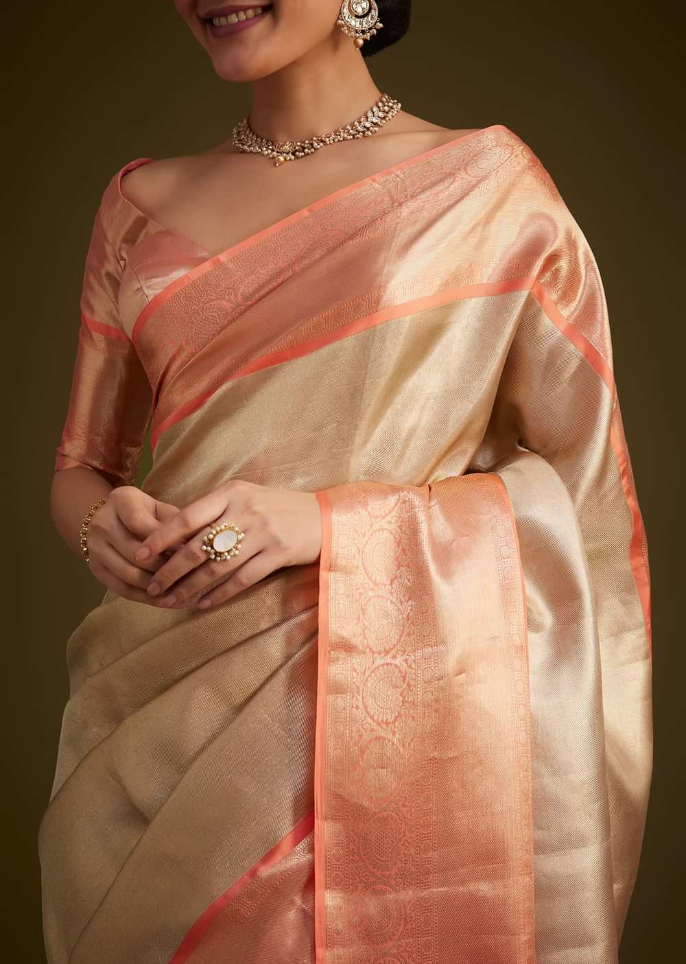 Cream Kanjivaram Silk Saree With Contrast Border And Pallu