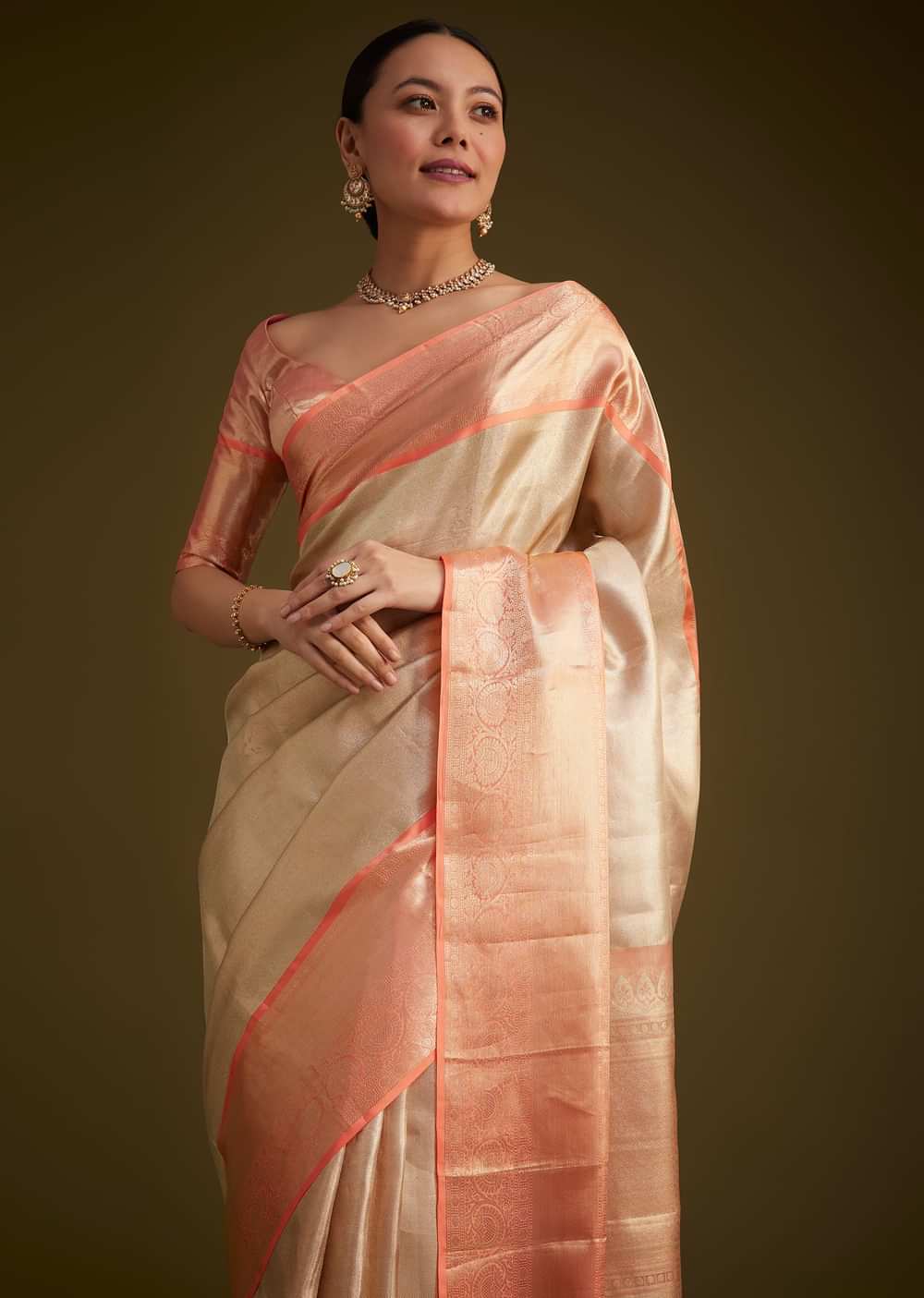 Cream Kanjivaram Silk Saree With Contrast Border And Pallu