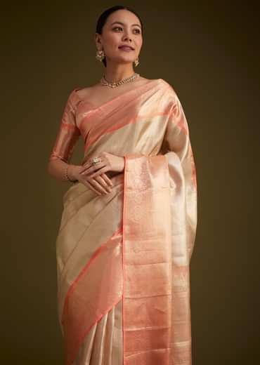 Cream Kanjivaram Silk Saree With Contrast Border And Pallu