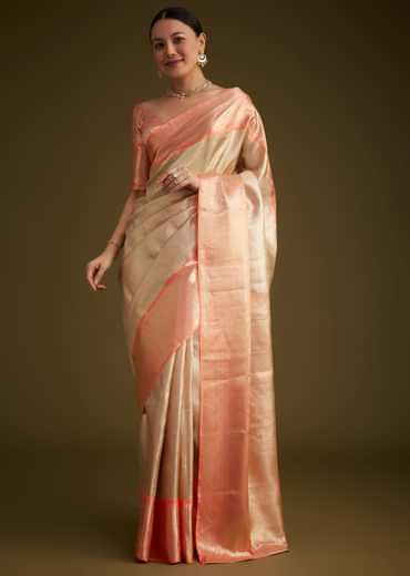 Cream Kanjivaram Silk Saree With Contrast Border And Pallu
