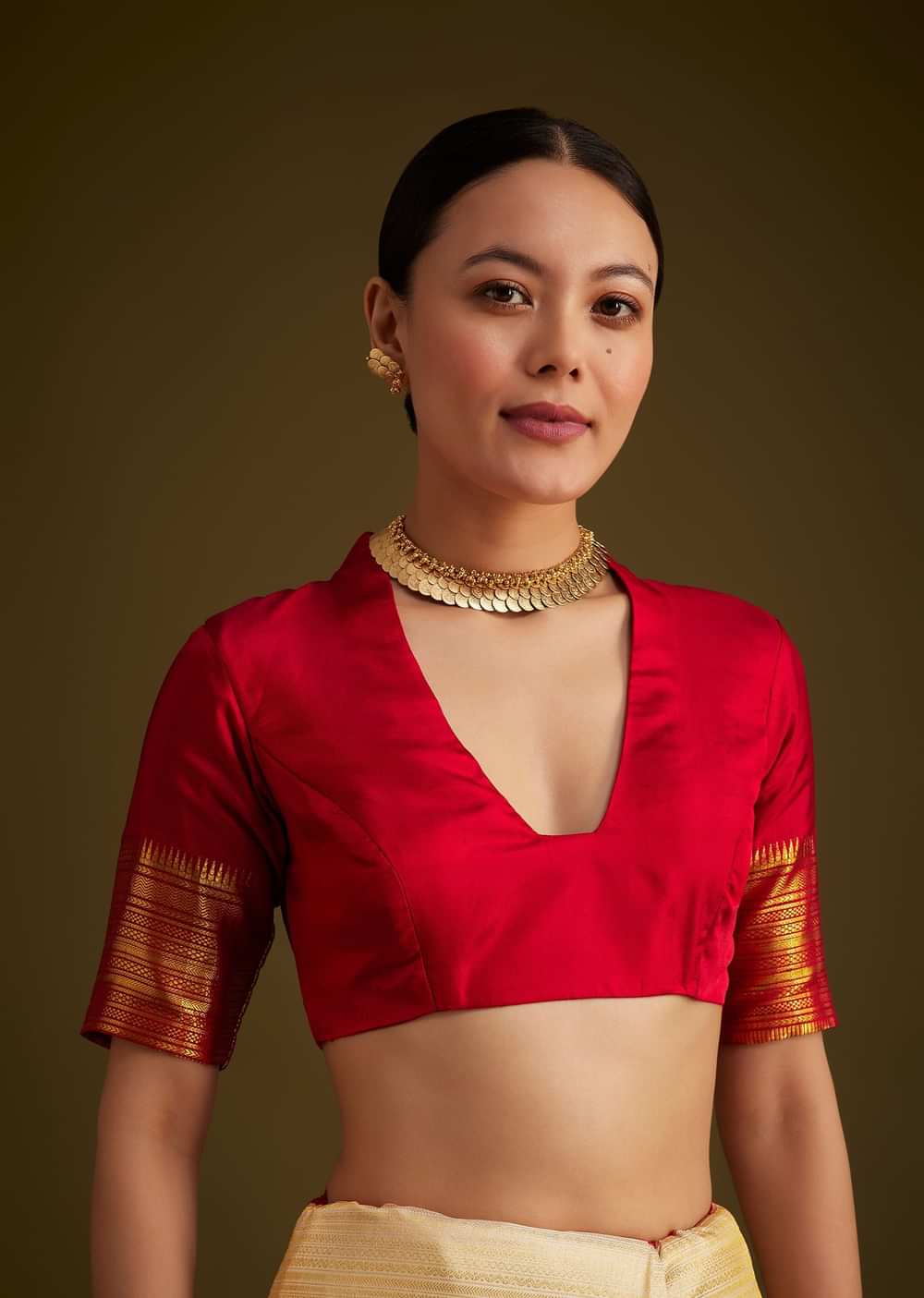 Beige Kanjivaram Silk Saree With Contrast Border