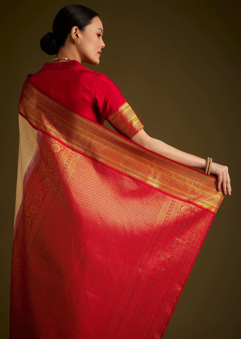 Beige Kanjivaram Silk Saree With Contrast Border