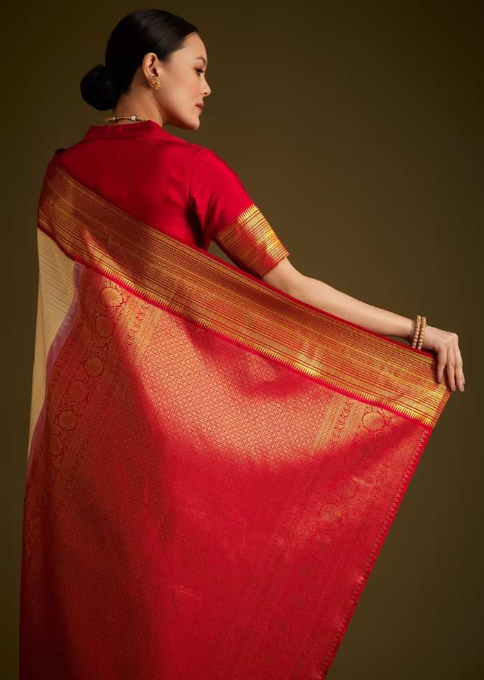 Beige Kanjivaram Silk Saree With Contrast Border