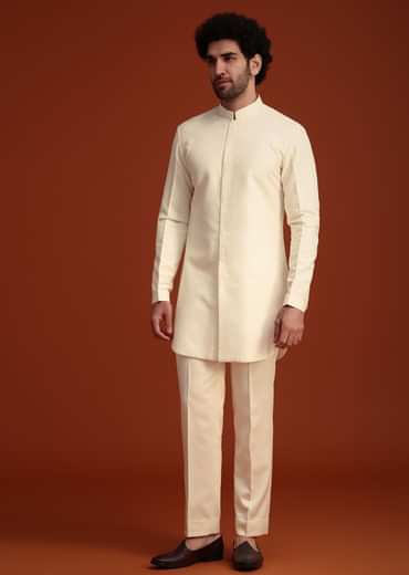 Cream Kurta Jodhpuri Set With Velvet Patch Work Broach