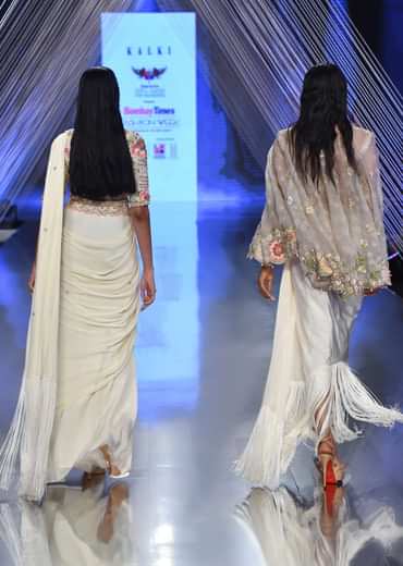 Cream Ready Pleated Saree With Multi Colored Floral Hand Work On The Blouse