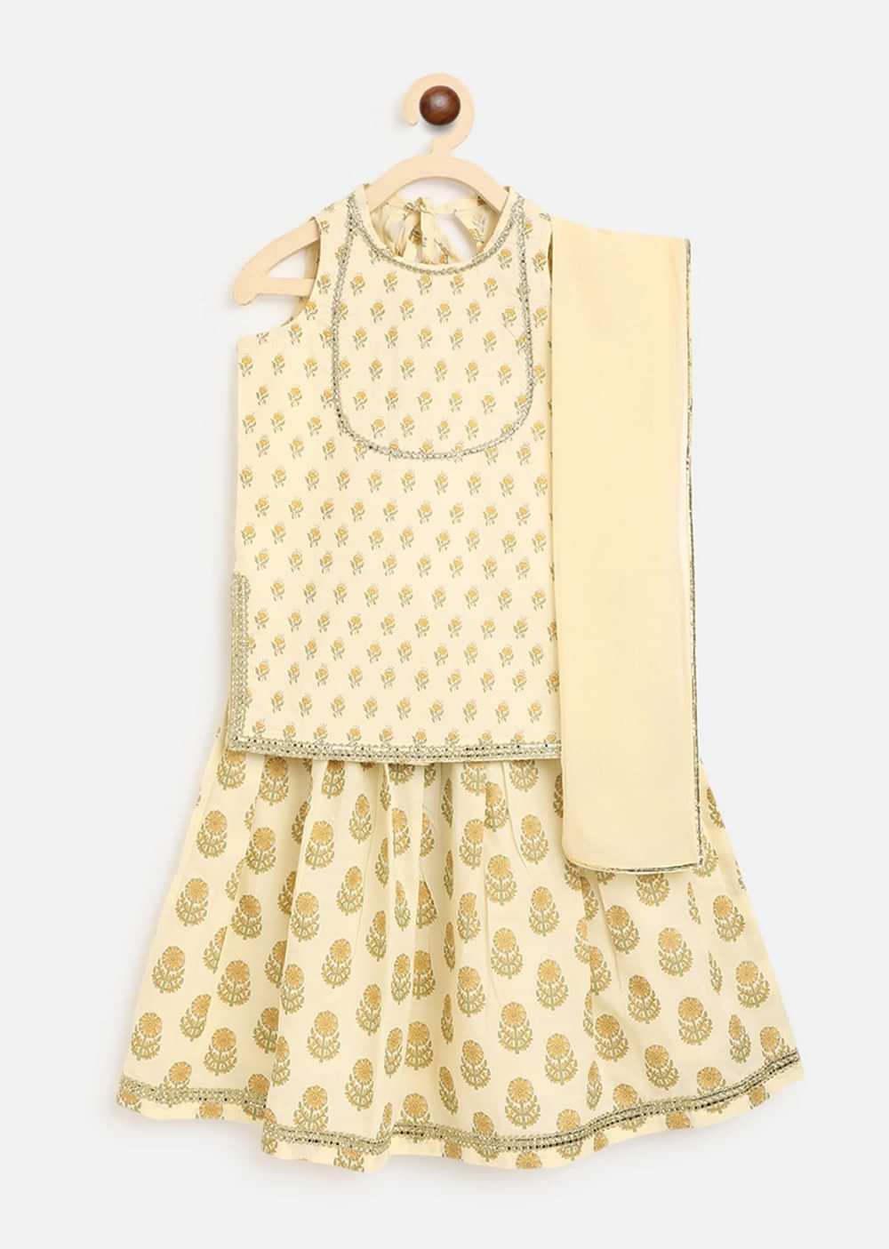 Kalki Girls Cream Lehenga And Kurta Set In Cotton With Floral Butti Print By Tiber Taber