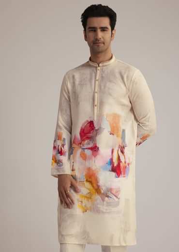 Cream Linen Kurta Set With Abstract Artistic Print