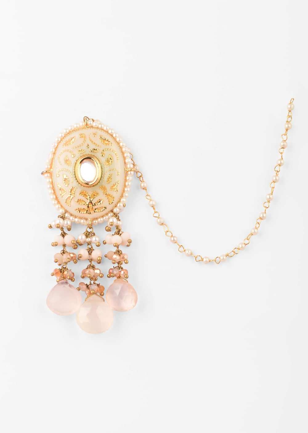 Cream Minakari Earrings In Oval Motif With Kundan And Dangling Moti And White Drop Fringes