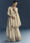 Cream Organza Palazzo Suit With Zari And Mirror Work