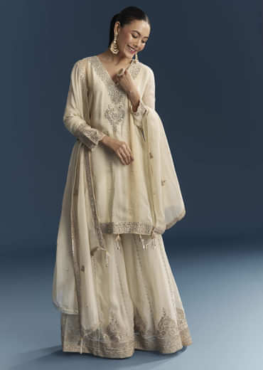Cream Organza Palazzo Suit With Zari And Mirror Work