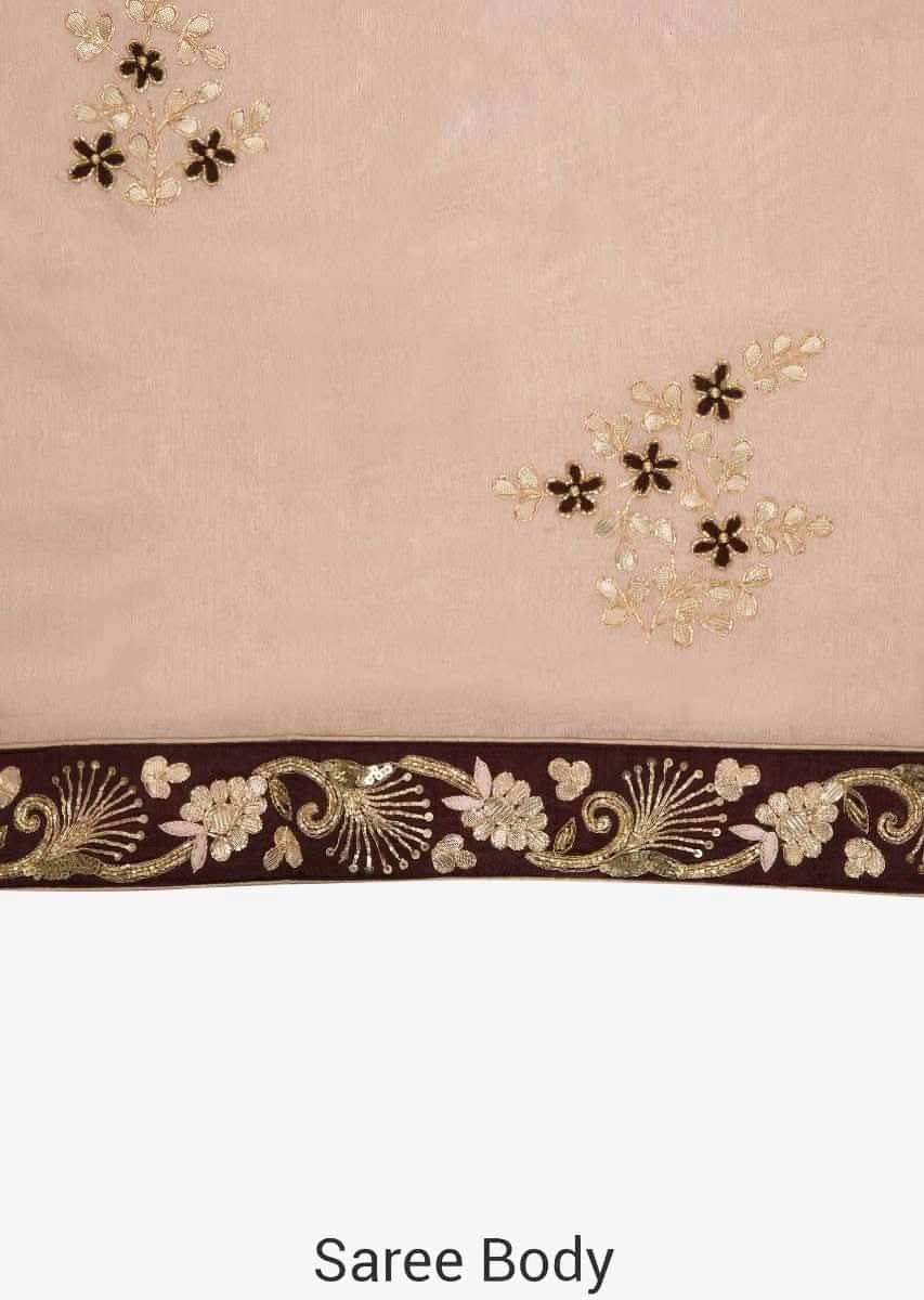 Cream peach saree in silk with gotta patch and resham embroidered butti only on Kalki