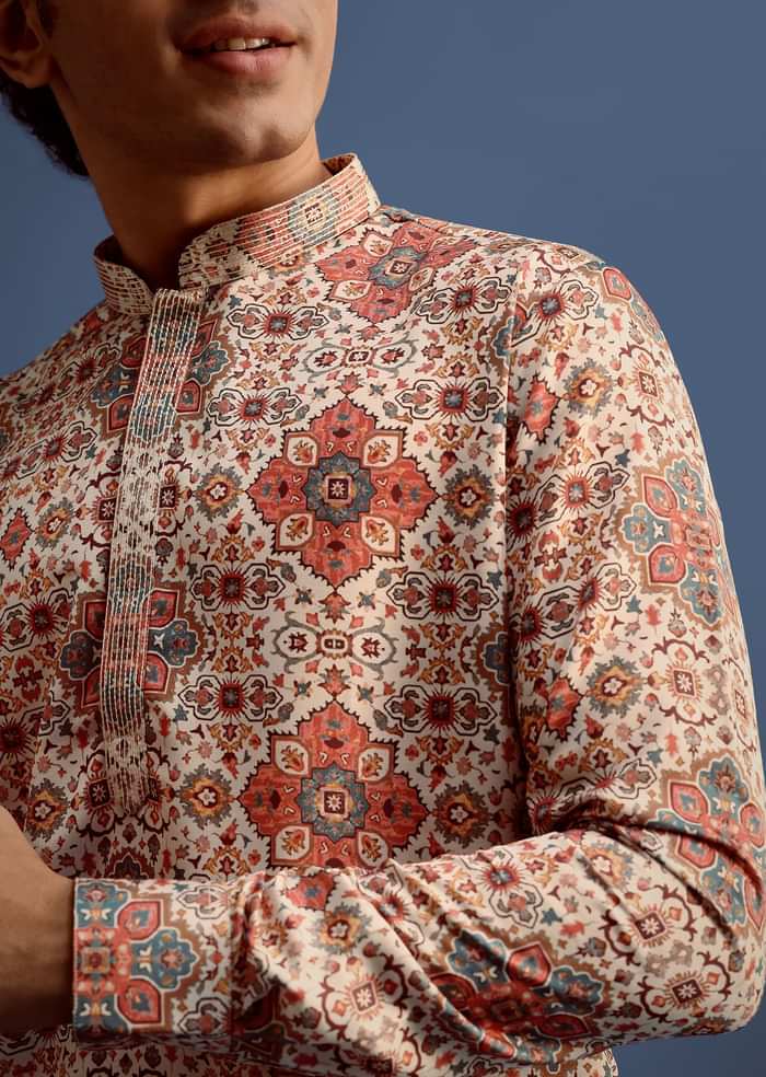 Cream Printed Kurta With Patiala For Men
