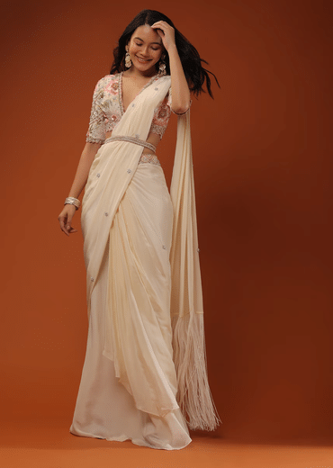 Cream White Ready Pleated Saree With Floral Hand Work On The Blouse