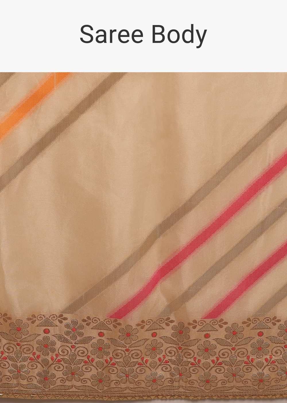 Cream Saree In Dola Silk With Multi Colored Woven Diagonal Stripes And Floral Border