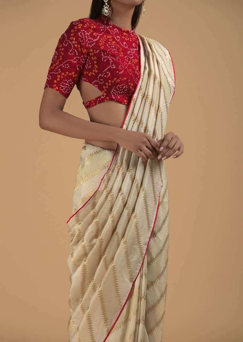 Cream Saree In Dola Silk With Woven Zig Zag Stripes Online - Kalki Fashion