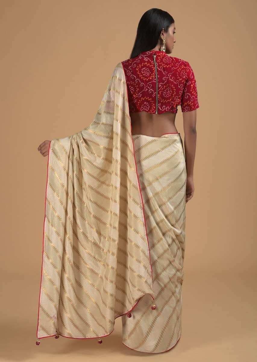 Cream Saree In Dola Silk With Woven Zig Zag Stripes Online - Kalki Fashion