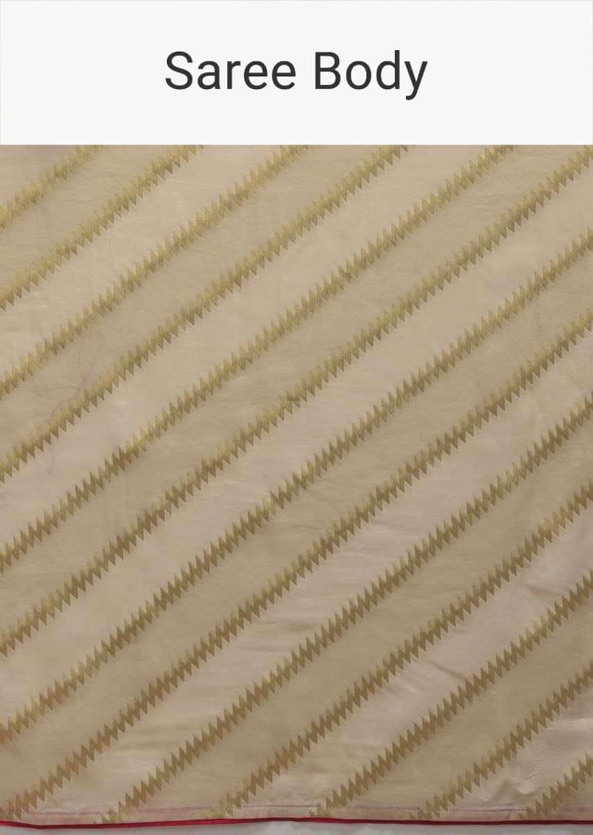 Cream Saree In Dola Silk With Woven Zig Zag Stripes Online - Kalki Fashion