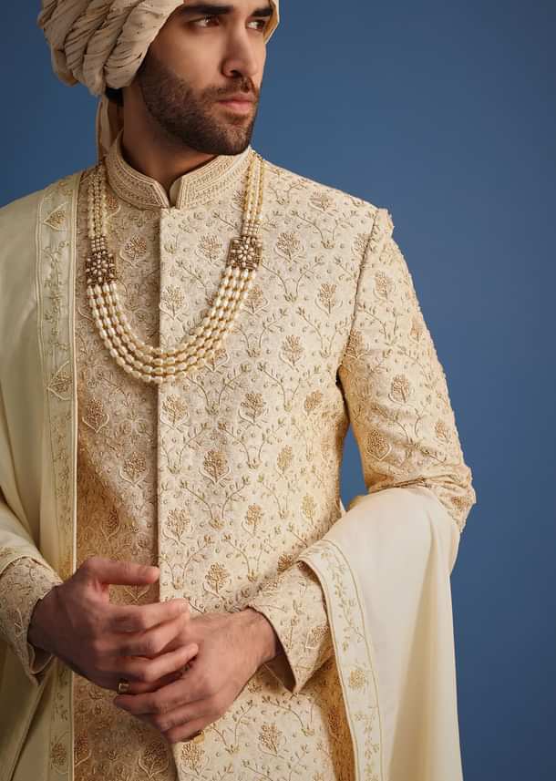 Cream Sherwani Suit With Hand Work