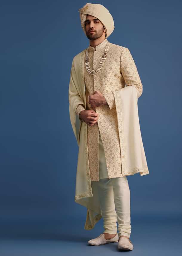 Cream Sherwani Suit With Hand Work