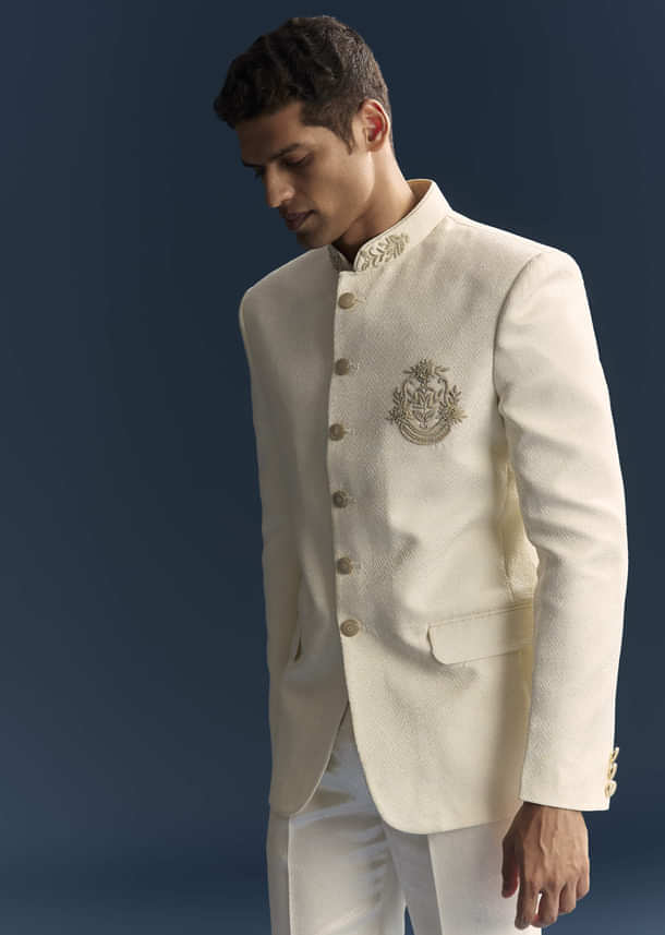 Cream Silk Jodhpuri Suit For Men With Heavy Hand Embroidery Cream Silk Jodhpuri Suit For Men With Heavy Hand Embroidery