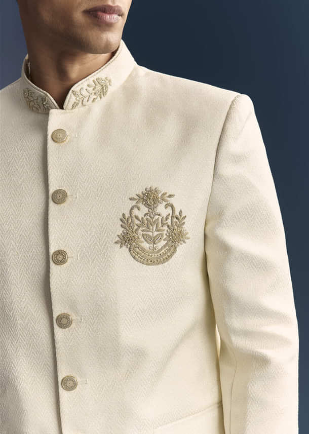 Cream Silk Jodhpuri Suit For Men With Heavy Hand Embroidery Cream Silk Jodhpuri Suit For Men With Heavy Hand Embroidery