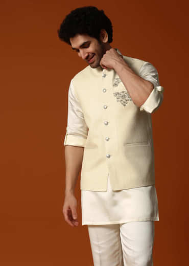Cream Silk Kurta Jacket Set For men