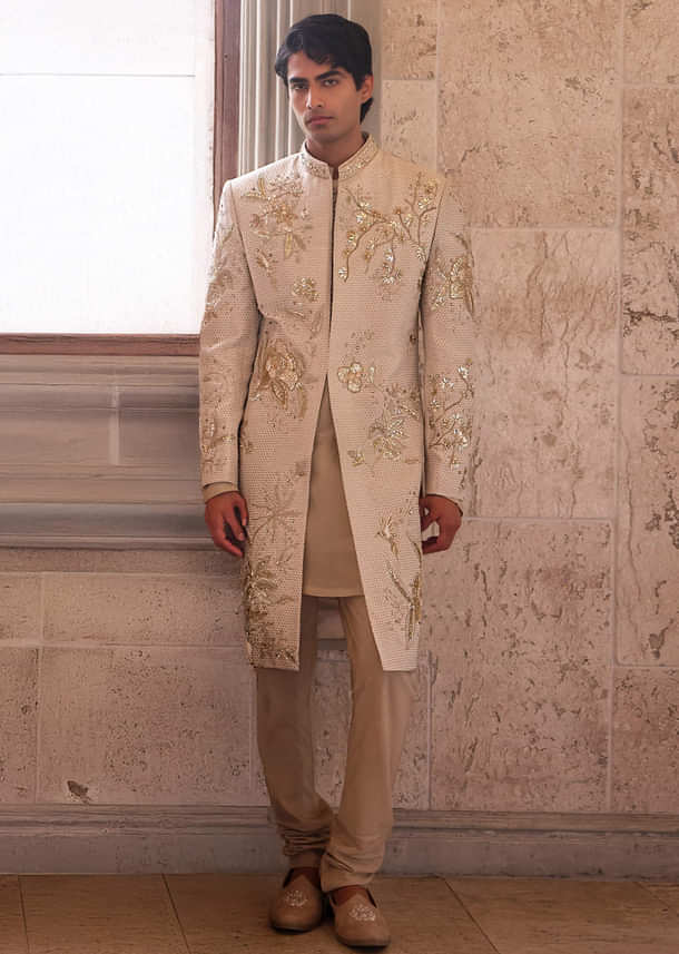 Cream Silk Sherwani For Groom With Intricate Zardosi Embroidery