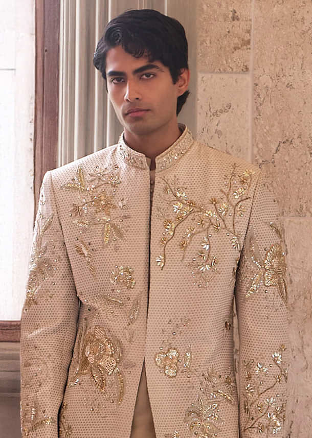 Cream Silk Sherwani For Groom With Intricate Zardosi Embroidery